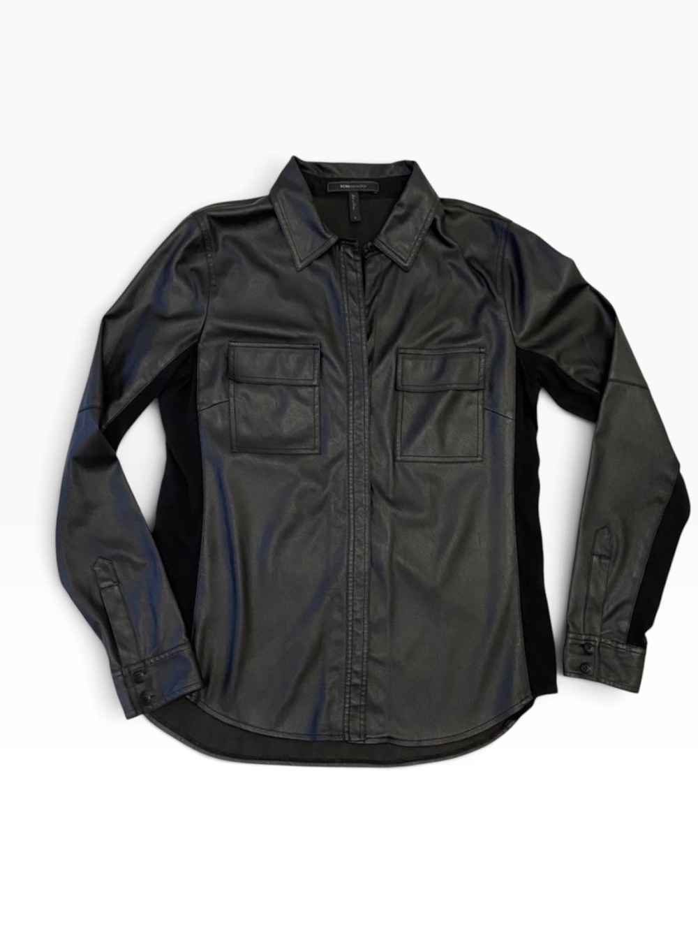 BCBGMAXAZRIA button down shirt black vegan leather jersey mix material size smal